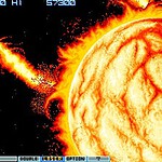 Classic arcade space shooter game with spaceship and fiery sun.