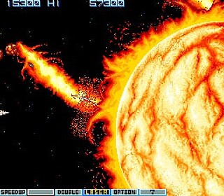 Classic arcade space shooter game with spaceship and fiery sun.