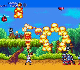 Retro 2D action game with explosions, enemies, and hero character.