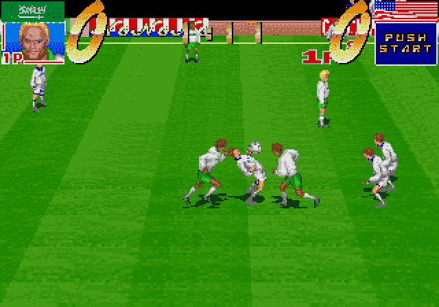 Classic football video game gameplay with players competing on the field.