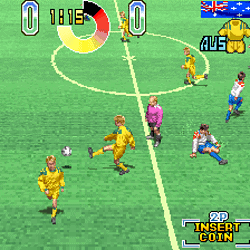 Classic pixel art soccer game featuring players from Mexico and Australia.
