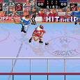 Classic ice hockey video game gameplay with players and puck on ice rink.