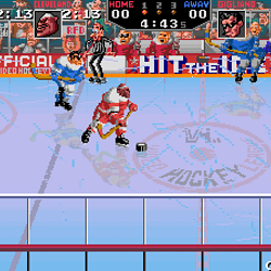 Classic ice hockey video game gameplay with players and puck on ice rink.
