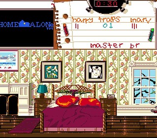 Screenshot from the Home Alone video game showing characters and interior setting.