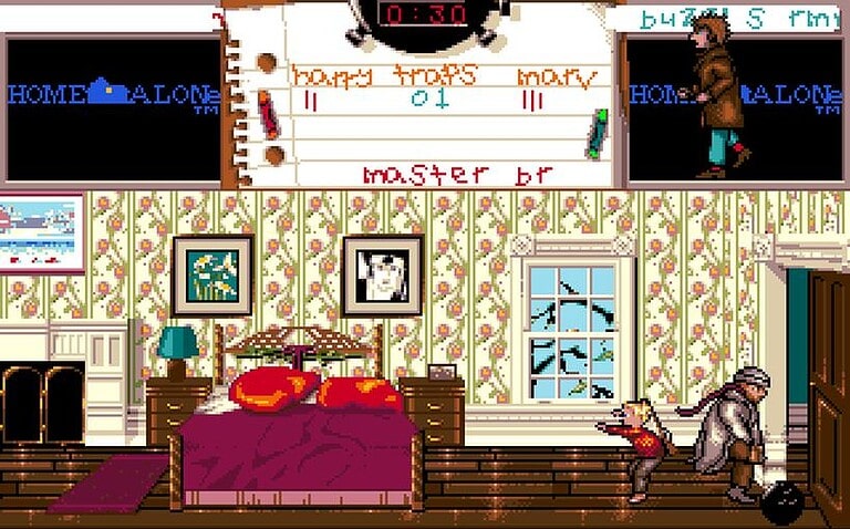 Screenshot from the Home Alone video game showing characters and interior setting.