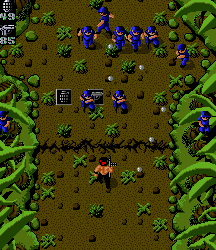 Retro arcade game screenshot featuring soldiers and tanks in jungle combat.