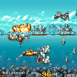 Classic pixel art of naval battle with ships and underwater explosions in a retro game scene.