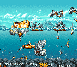 Classic pixel art of naval battle with ships and underwater explosions in a retro game scene.