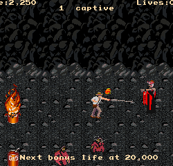 Retro firefighter rescue game scene with firefighter extinguishing fire and saving lives.