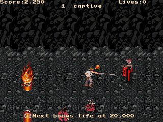 Retro firefighter rescue game scene with firefighter extinguishing fire and saving lives.