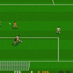 Pixelated soccer game scene with players and goal on green field.