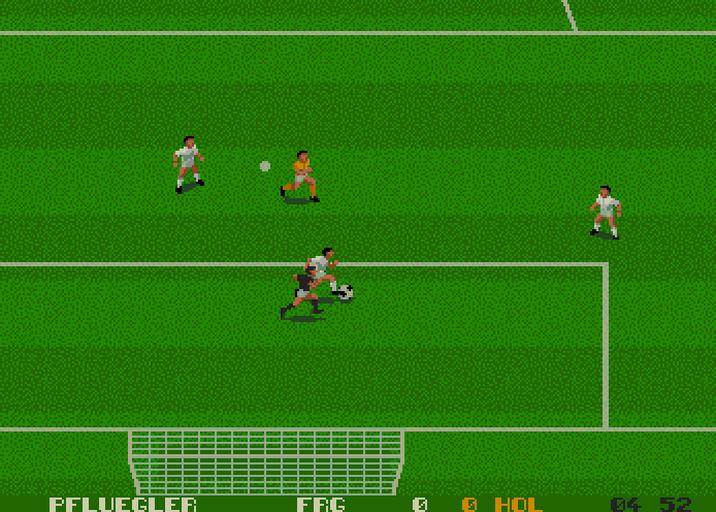 Pixelated soccer game scene with players and goal on green field.