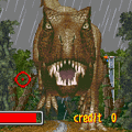 Pixelated dinosaur attacking in a jungle during rain.