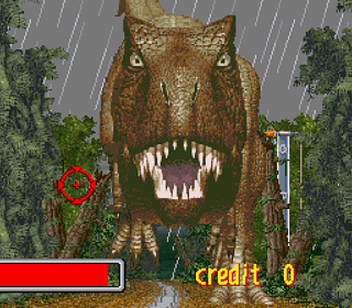Pixelated dinosaur attacking in a jungle during rain.