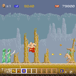 Classic arcade game scene with characters and enemies in a forest setting.
