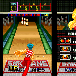 Bowling game pixel art scene with a character preparing to bowl in a retro arcade style.