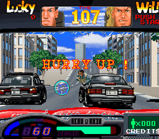 Arcade game scene from Street Fighter with characters and city background.