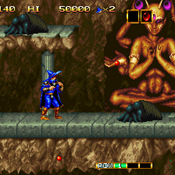 Shinobi arcade game screenshot featuring a ninja character in a jungle temple setting.