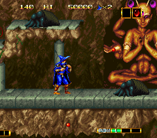 Shinobi arcade game screenshot featuring a ninja character in a jungle temple setting.
