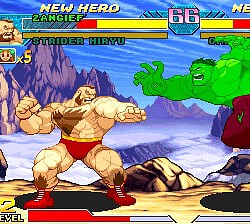 Hulk and Zangief battling in a fighting game with mountainous background.