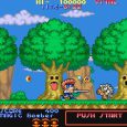 Colorful 2D platformer game with trees, characters, and enemies.