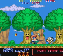 Colorful 2D platformer game with trees, characters, and enemies.