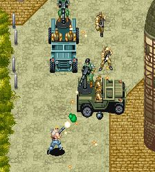 Classic Battle City tank game with soldiers and vehicles in urban setting.
