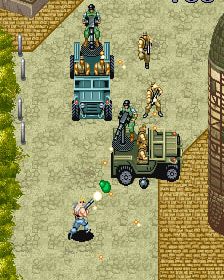 Classic Battle City tank game with soldiers and vehicles in urban setting.