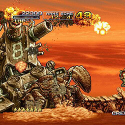Retro arcade game featuring a soldier fighting a giant mechanical tank at sunset.