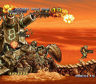 Retro arcade game featuring a soldier fighting a giant mechanical tank at sunset.