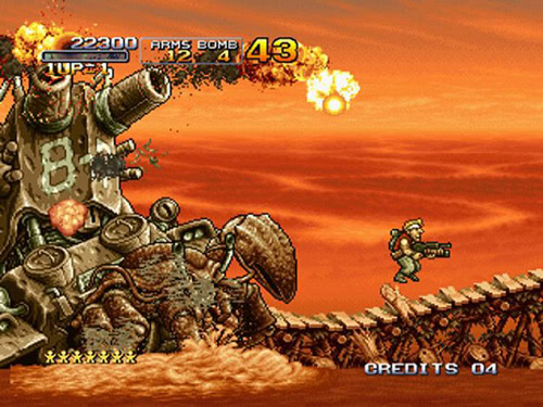 Retro arcade game featuring a soldier fighting a giant mechanical tank at sunset.