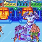 Arcade game screenshot featuring four characters fighting in a colorful setting.