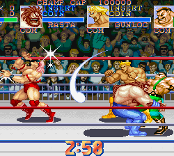 Classic Street Fighter II arcade game fight scene with characters Ryu and Zangief.