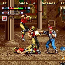 Classic arcade fighting game screenshot featuring Ryu and Ken battling in a detailed art style.