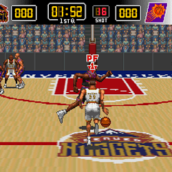 Basketball game screenshot featuring Denver Nuggets players on the court.