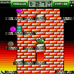Screenshot of Nebulus game showing a green turtle on a brick tower with colorful background.