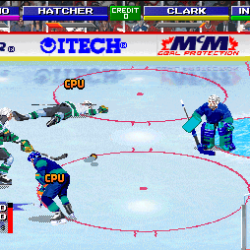 Hockey game scene with players and goalie on ice rink.