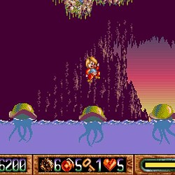 Retro platformer game with character jumping over sea creatures at sunset.