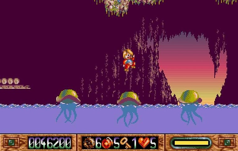Retro platformer game with character jumping over sea creatures at sunset.