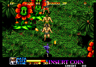 Jungle Adventure game scene featuring enemies, lush greenery, and vibrant flowers.