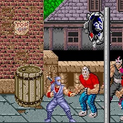 Street of Rage 2 gameplay scene with characters fighting on the sidewalk.