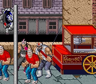 Street of Rage 2 gameplay scene with characters fighting on the sidewalk.