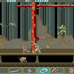 Retro arcade game Super Contra with soldiers fighting enemies in jungle setting.