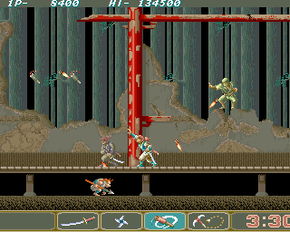 Retro arcade game Super Contra with soldiers fighting enemies in jungle setting.