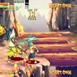 Arcade fighting game screenshot with characters battling on a rocky terrain.