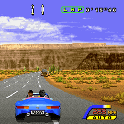 OutRun arcade game screenshot showing a blue convertible racing through a desert landscape.