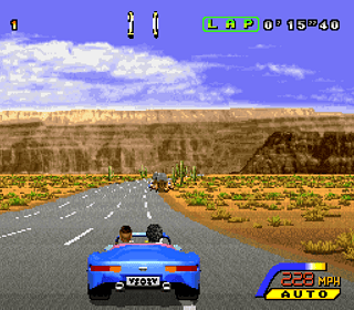 OutRun arcade game screenshot showing a blue convertible racing through a desert landscape.