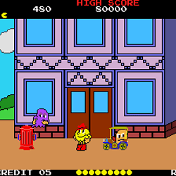 Adventure World game scene with colorful characters and building background.