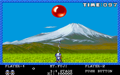 Mount Fuji Adventure game screenshot with a mountain, a red ball, and a character aiming at the ball.