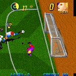Soccer video game scene with players and goalpost in pixel art style.
